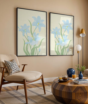Ilustración elegante de flores azul claro con tallos verdes
