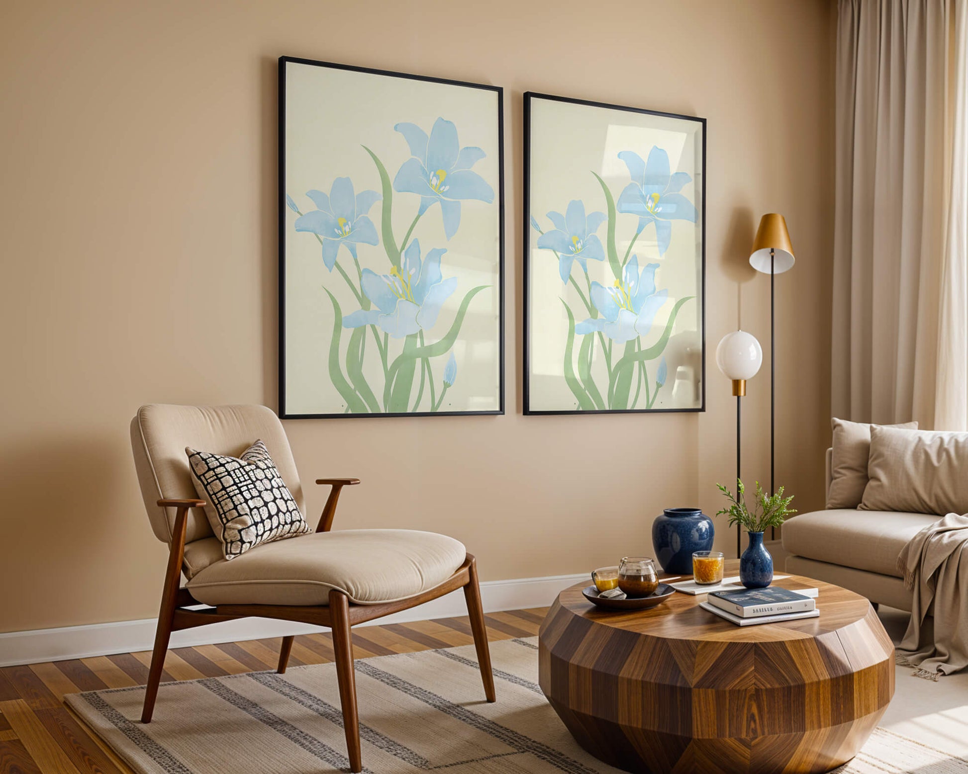 Ilustración elegante de flores azul claro con tallos verdes