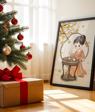 Charmante illustration d'une fille en tenue traditionnelle avec des feuilles de ginkgo