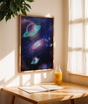 Colorful space illustration with planets and galaxy