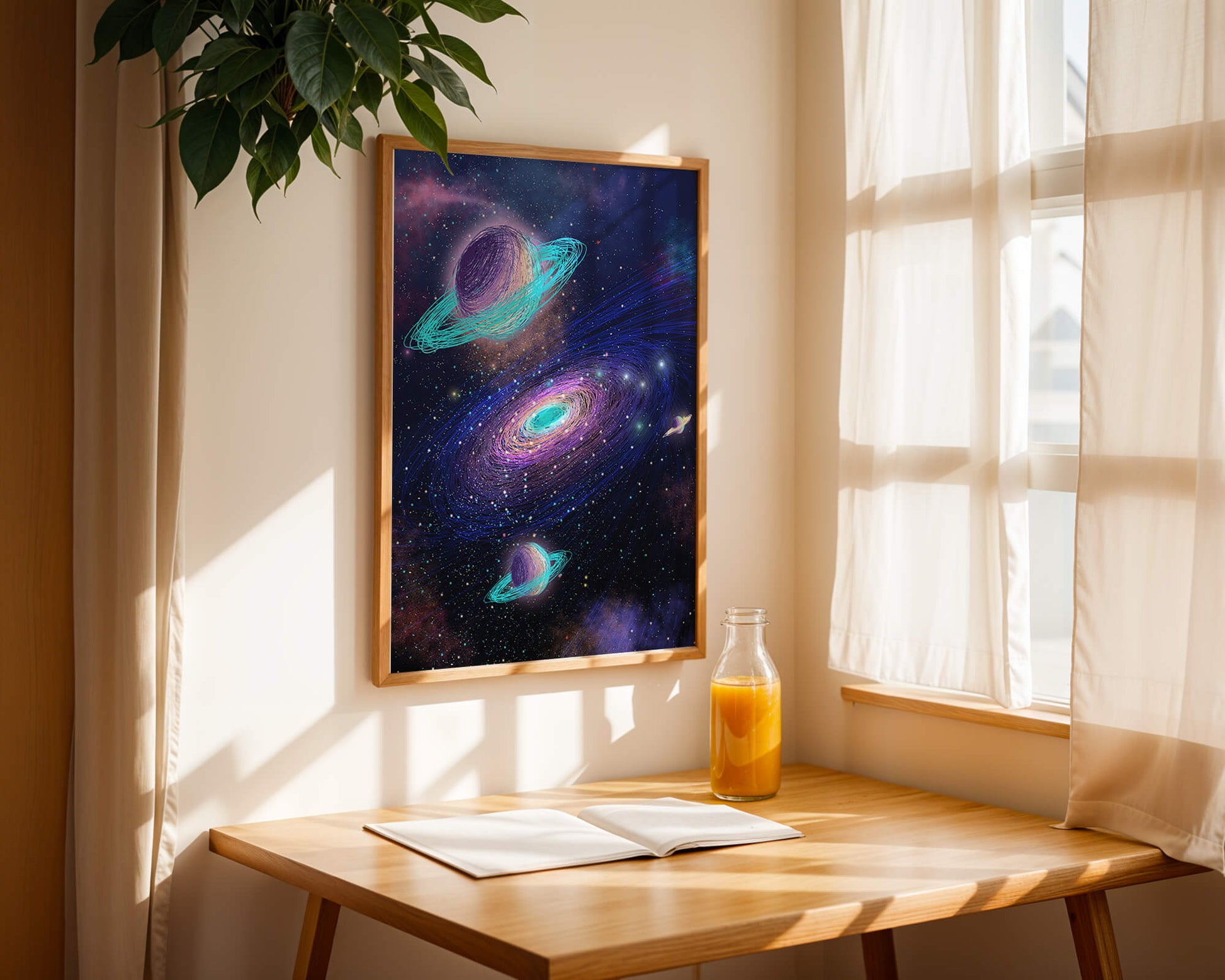 Colorful space illustration with planets and galaxy