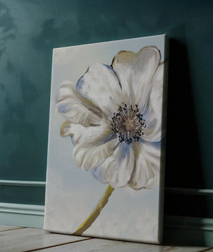 Art captivant de fleurs blanches avec des nuances de bleu sur un fond pastel