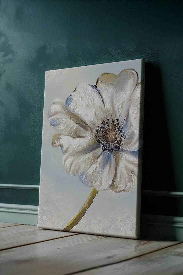 Captivating white flower art with blue hues on a pastel background