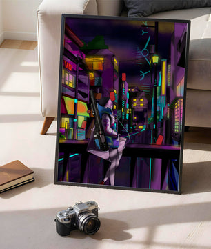 Paisaje urbano cyberpunk con un personaje futurista por la noche