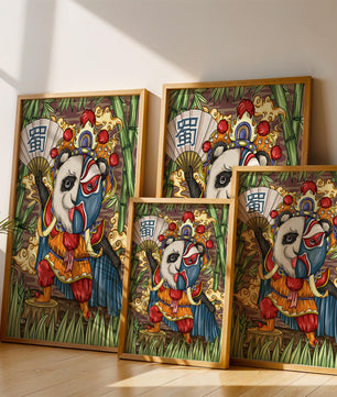 Colorful panda dressed in traditional Chinese opera costume surrounded by bamboo