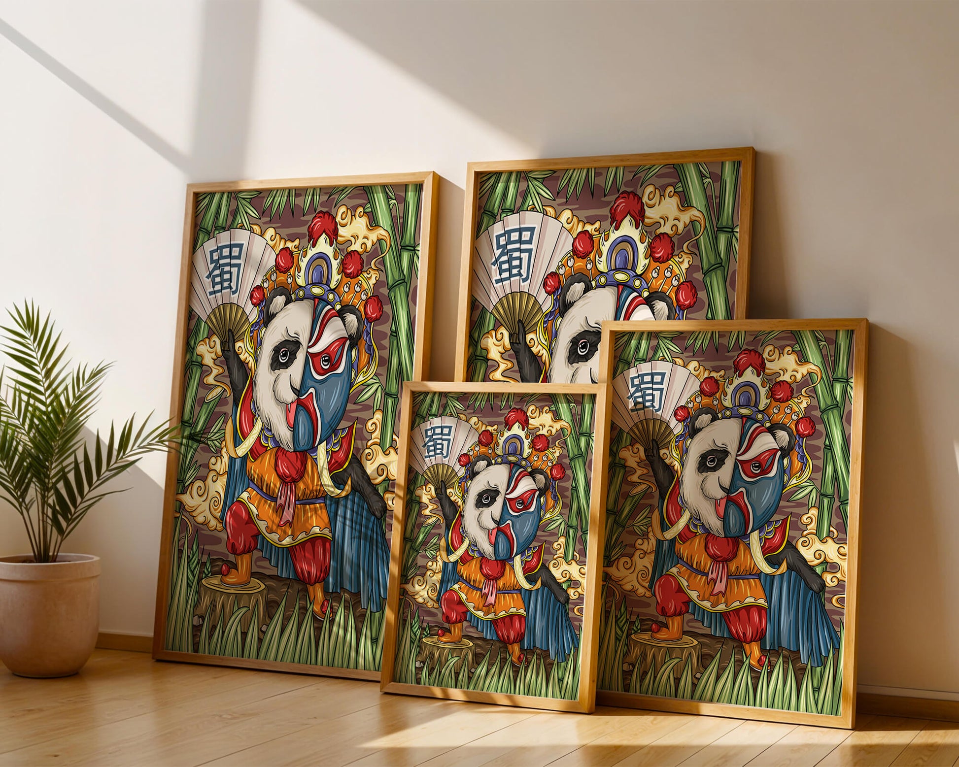 Colorful panda dressed in traditional Chinese opera costume surrounded by bamboo