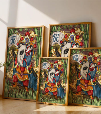 Colorful panda dressed in traditional Chinese opera costume surrounded by bamboo