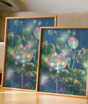 Bunte Lotusblumen mit abstraktem kosmischen Hintergrund