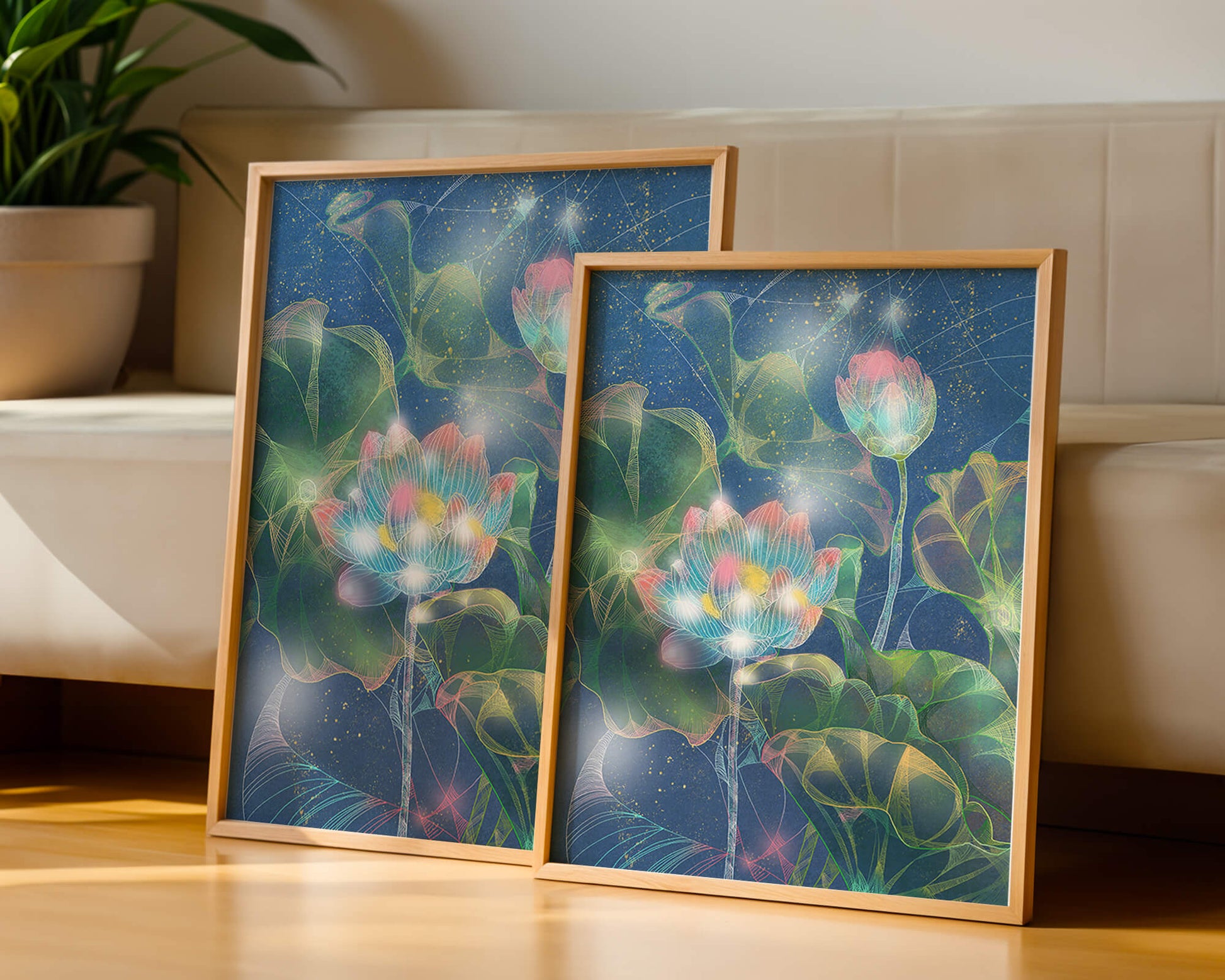 Bunte Lotusblumen mit abstraktem kosmischen Hintergrund