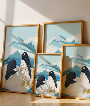 Gentoo penguins in an Antarctic landscape illustration