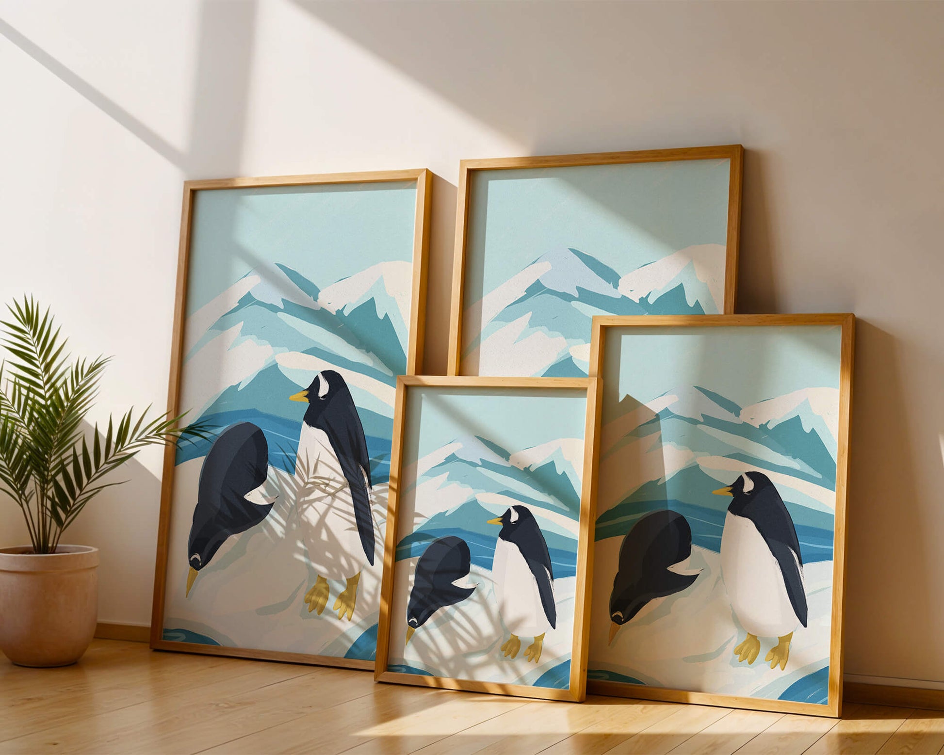 Gentoo penguins in an Antarctic landscape illustration