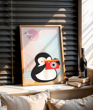 Whimsical penguin illustration with a camera on a pastel beach
