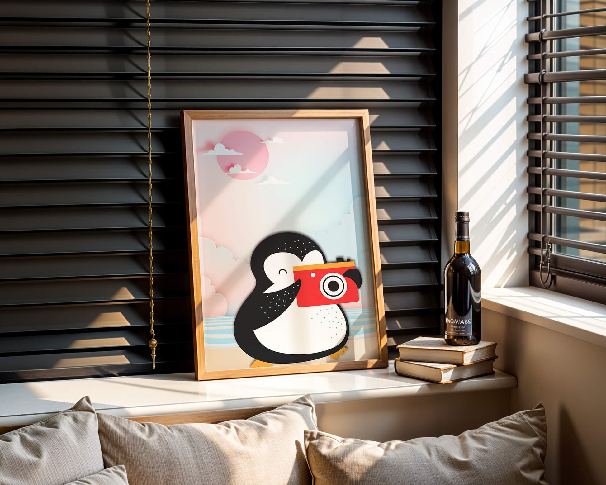 Whimsical penguin illustration with a camera on a pastel beach