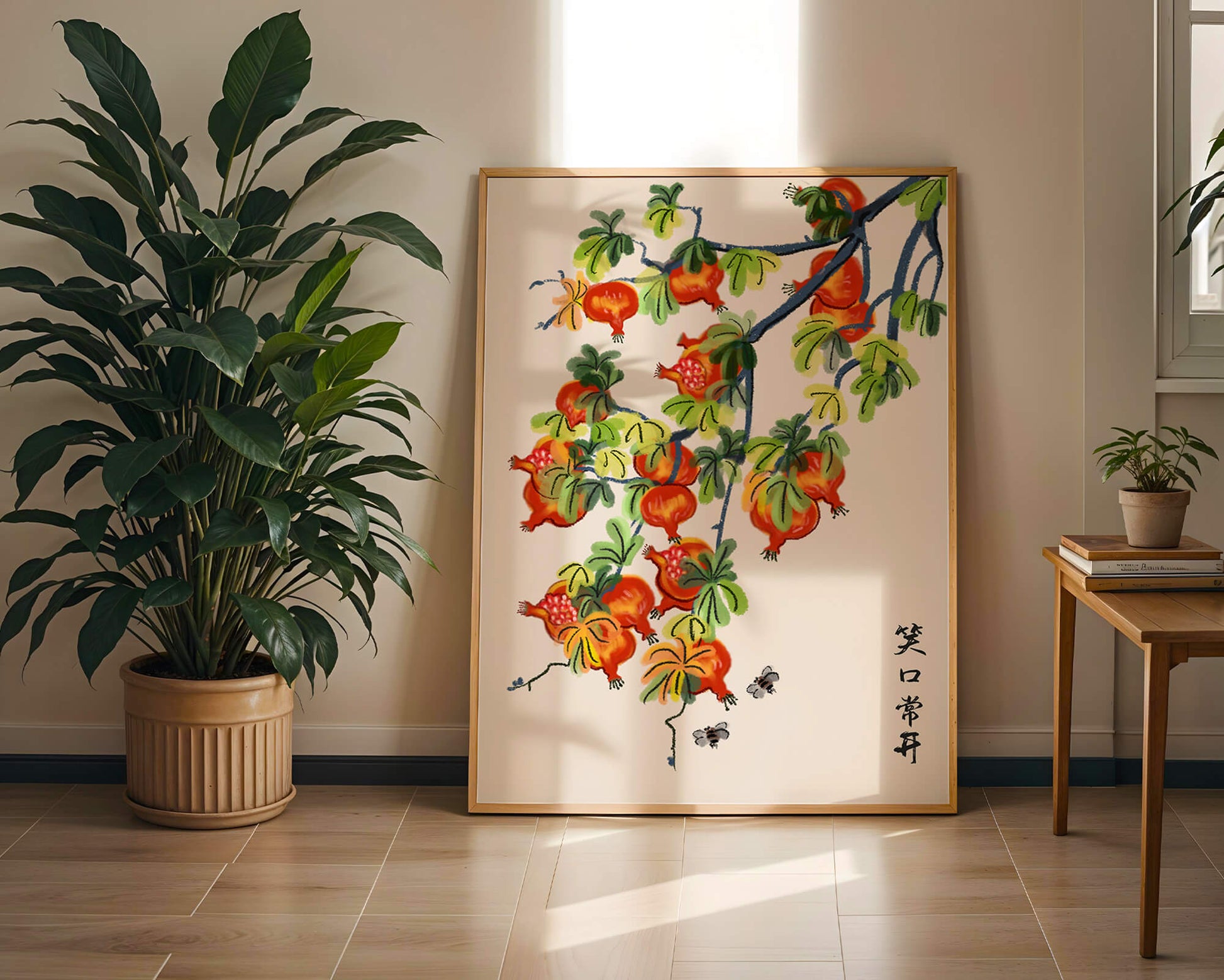 Artistic illustration of vibrant pomegranates on a branch with Asian aesthetic
