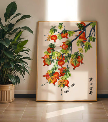 Artistic illustration of vibrant pomegranates on a branch with Asian aesthetic