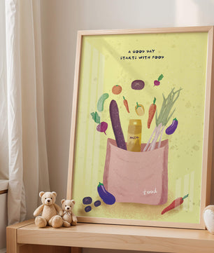 Ilustración de vegetales frescos y leche en una bolsa de comestibles