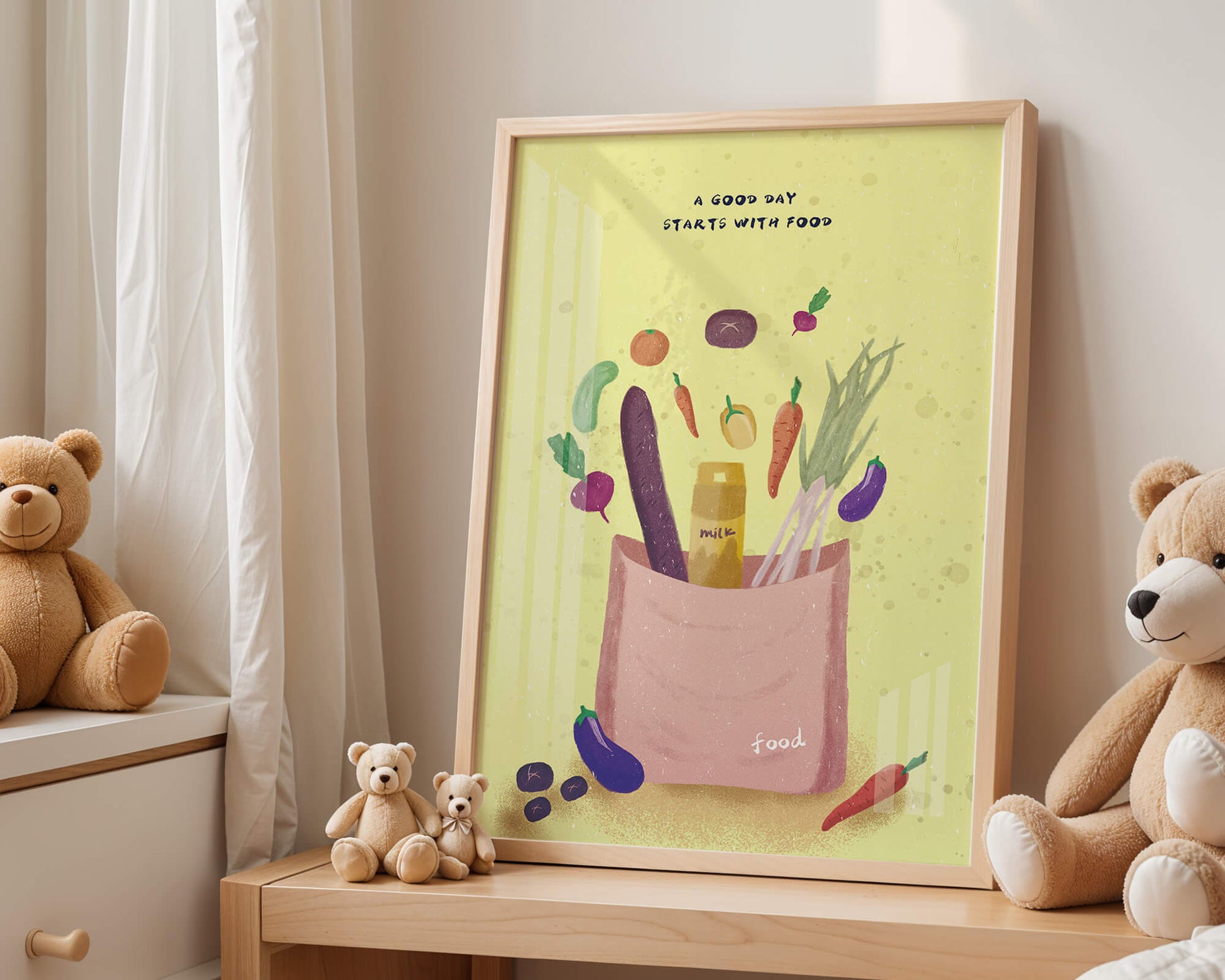 Ilustración de vegetales frescos y leche en una bolsa de comestibles