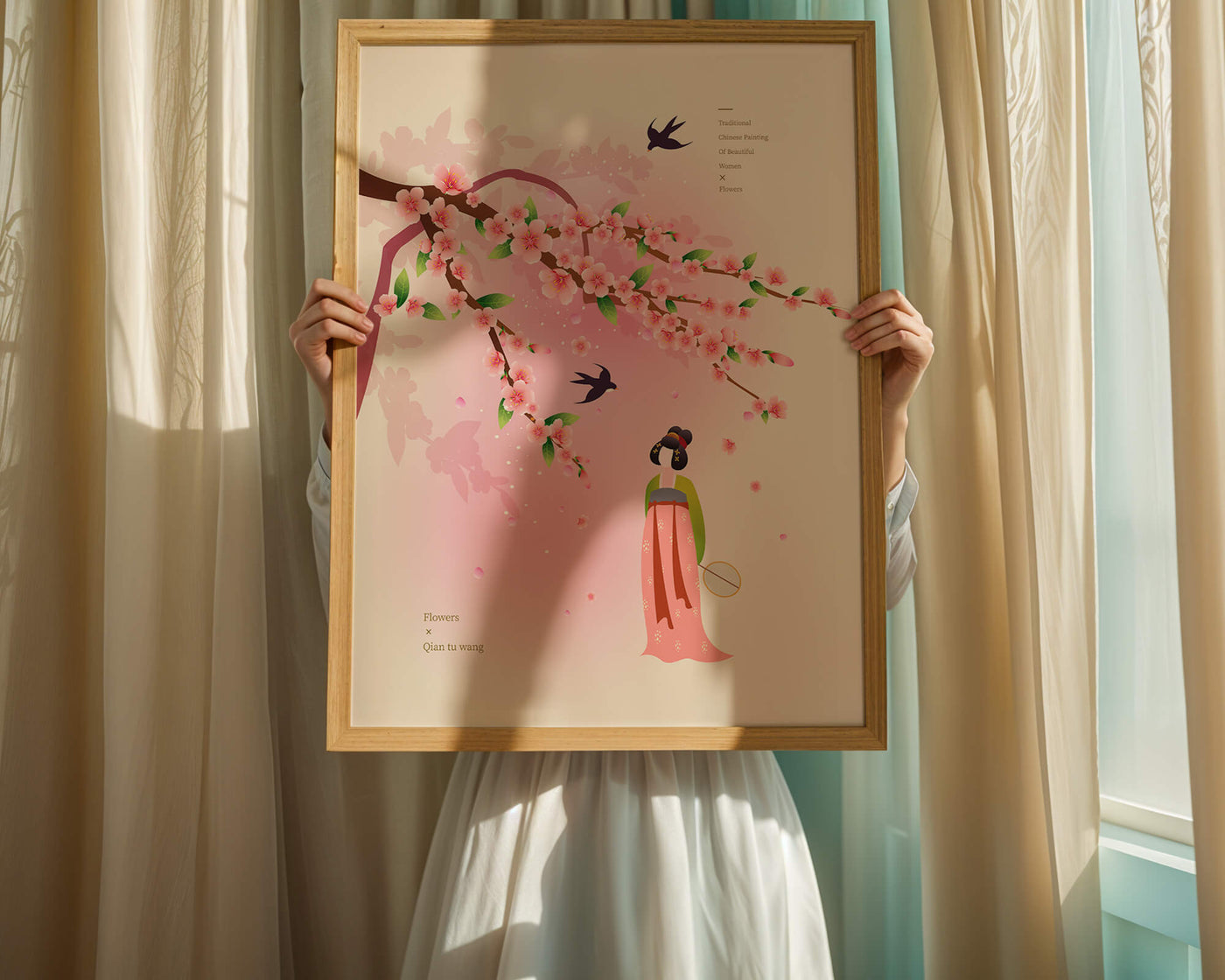 Traditional Chinese art with cherry blossoms and elegant figure