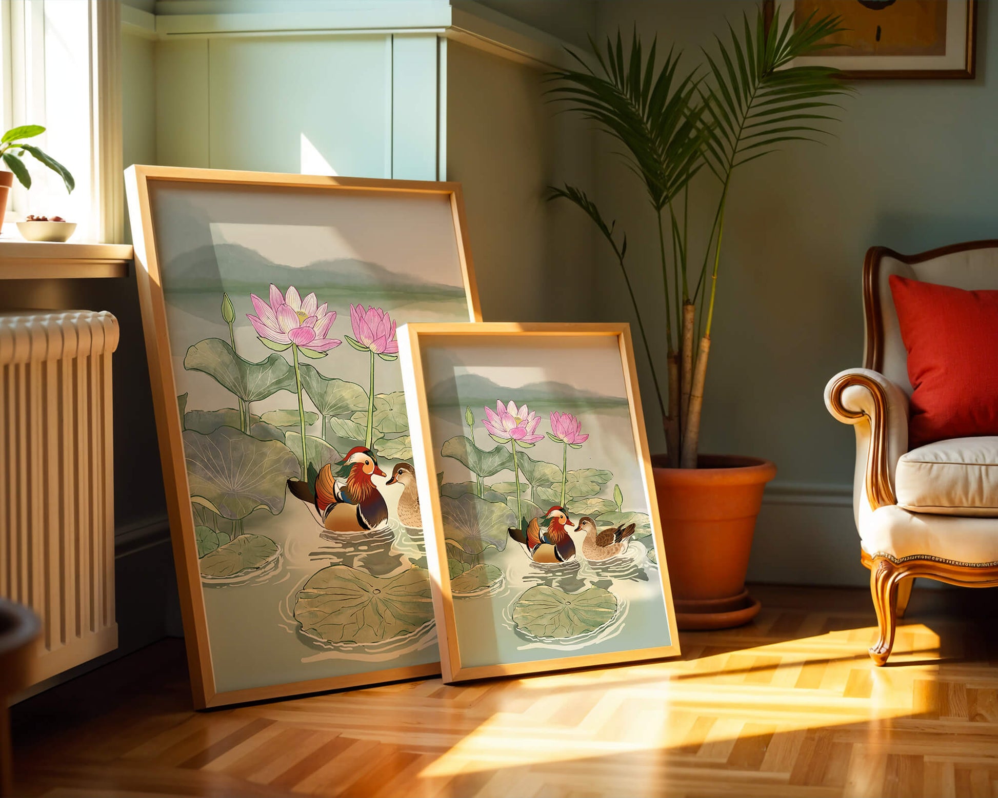 Patos mandarines y flores de loto en un estanque tranquilo