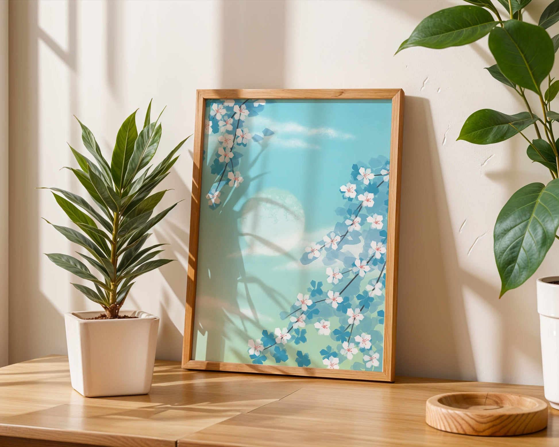 Serene spring blossoms against a pastel sky with gentle sunlight