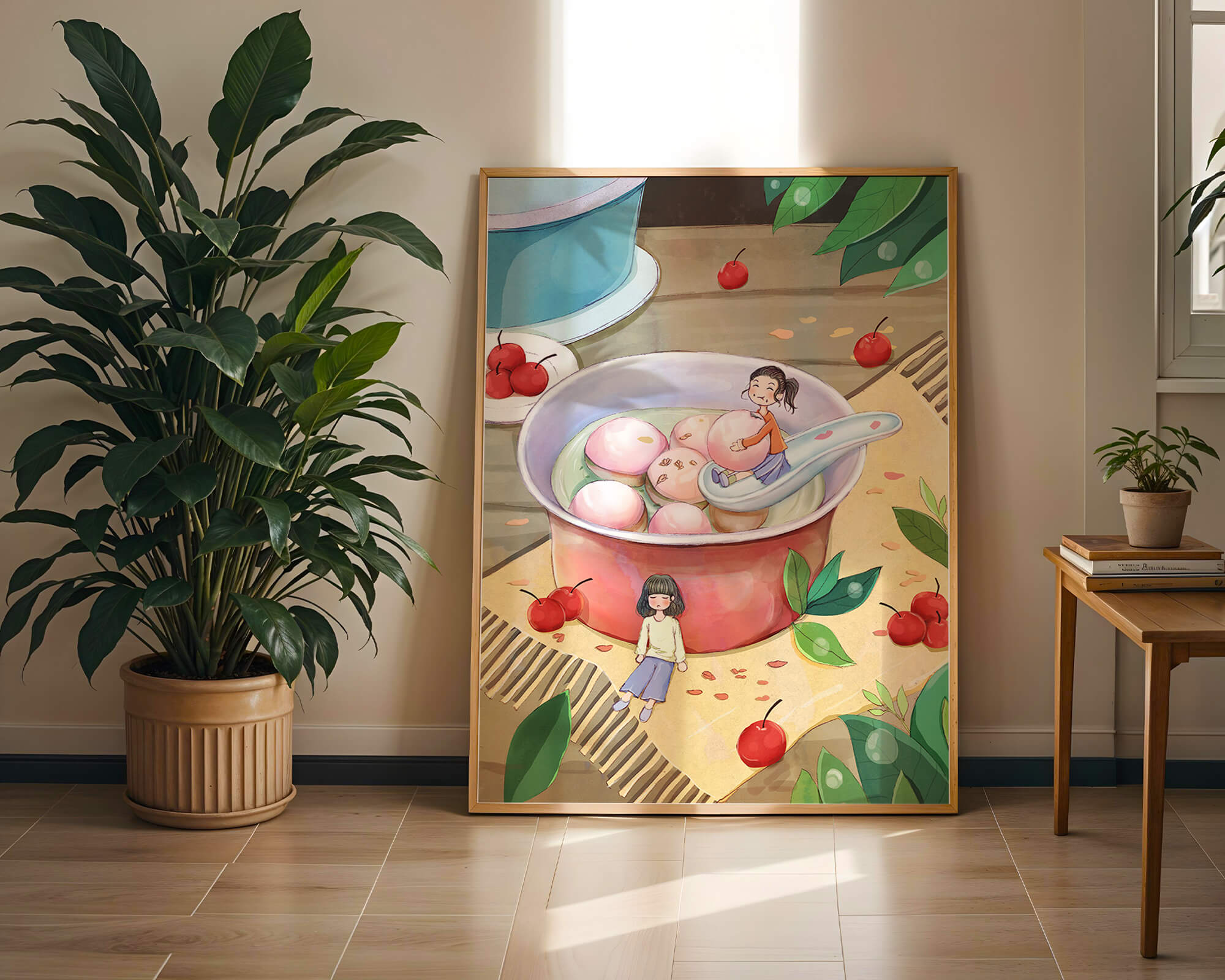 Charming illustration of children with dessert in a whimsical setting