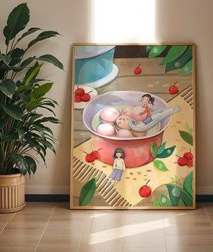 Charming illustration of children with dessert in a whimsical setting