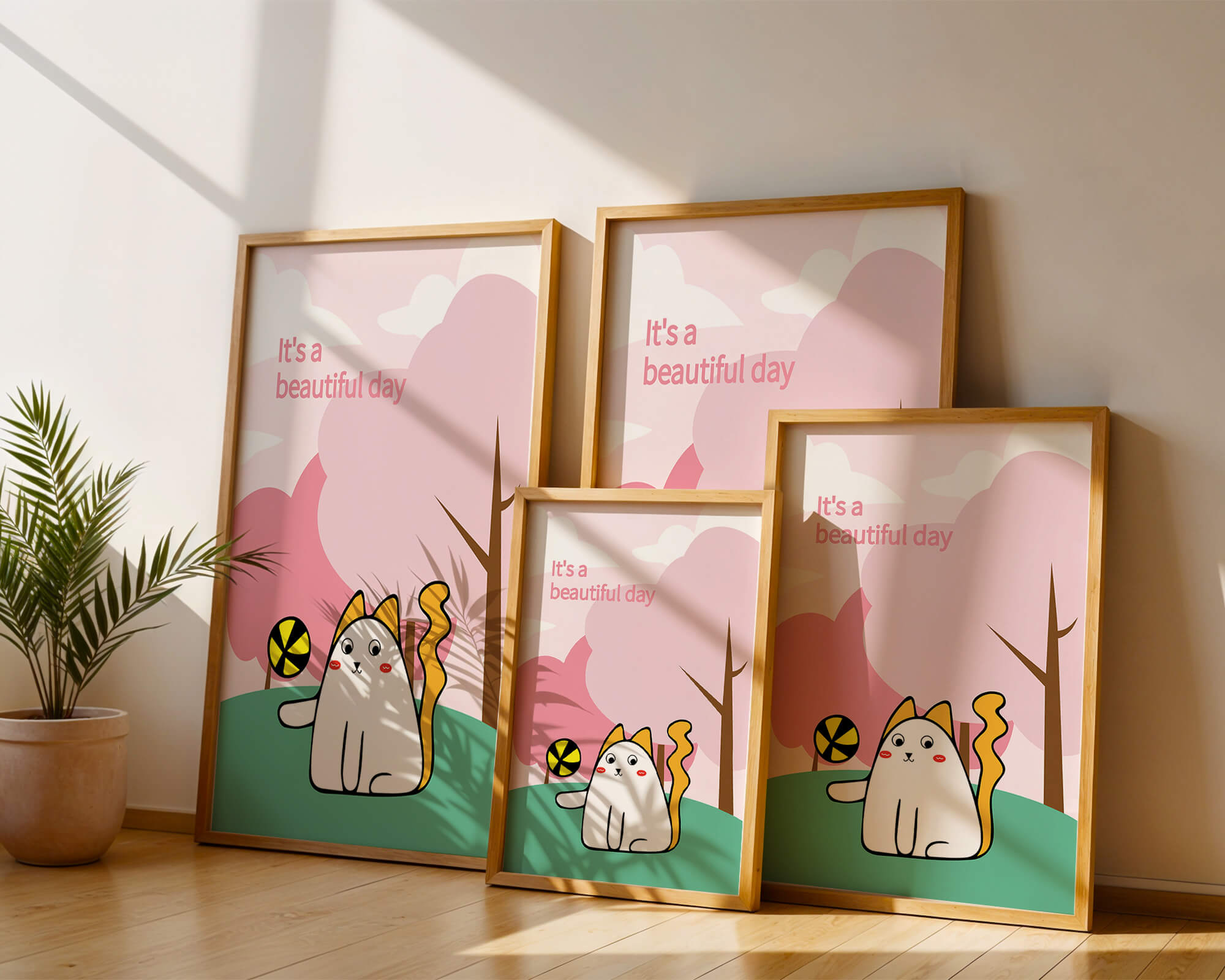 Charming cat illustration in a playful park scene with trees and clouds