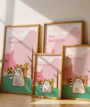 Illustration charmante de chat dans une scène de parc ludique avec des arbres et des nuages.