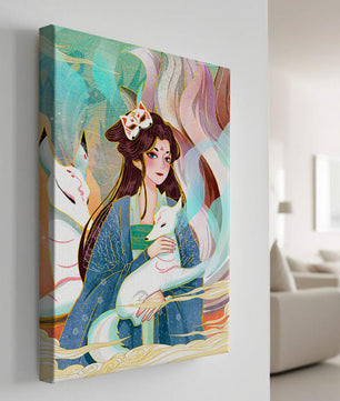 Œuvre de fantasy élégante mettant en scène une figure mystique accompagnée de renards et de couleurs vibrantes