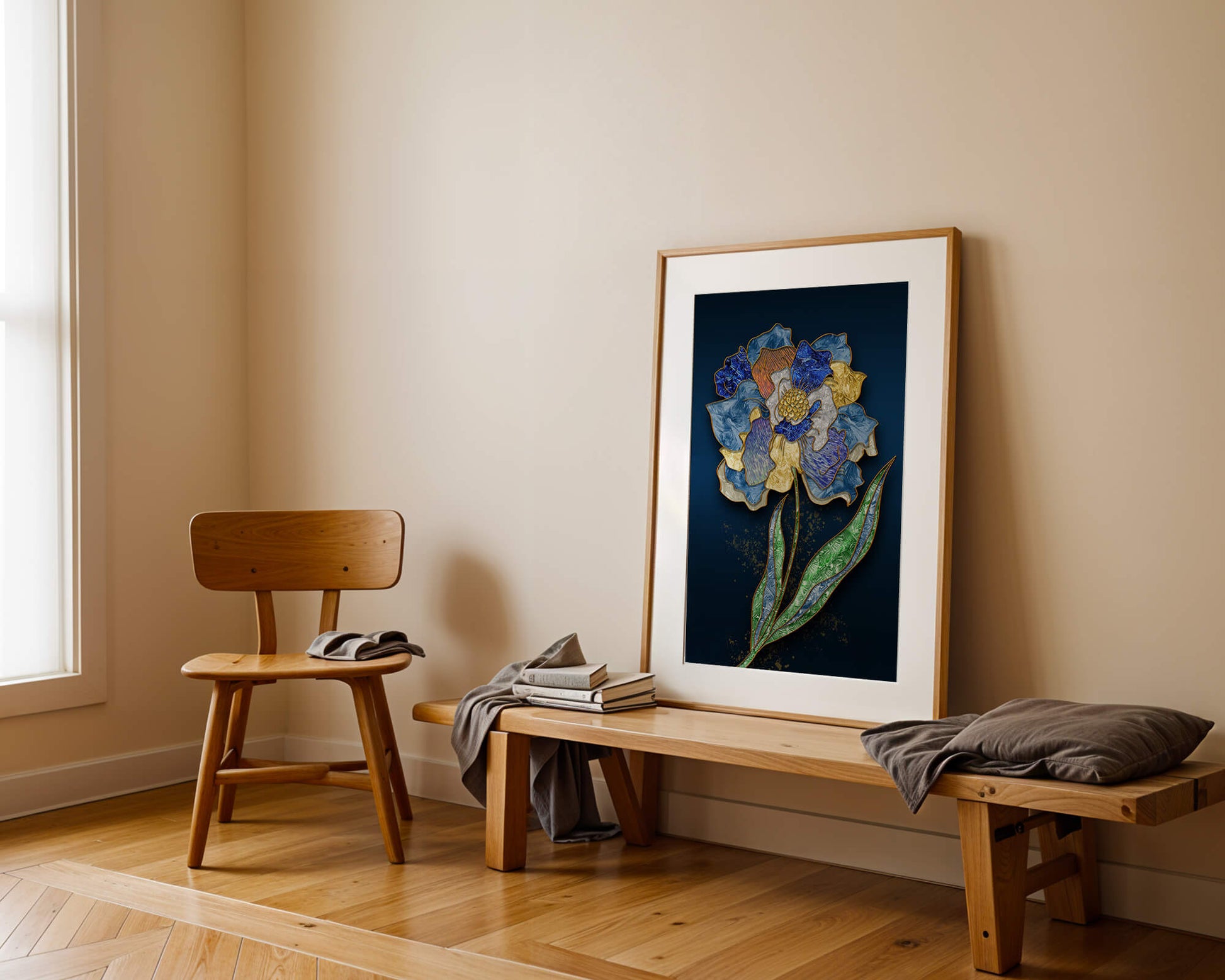 Diseño floral texturizado y colorido con contornos dorados sobre fondo oscuro