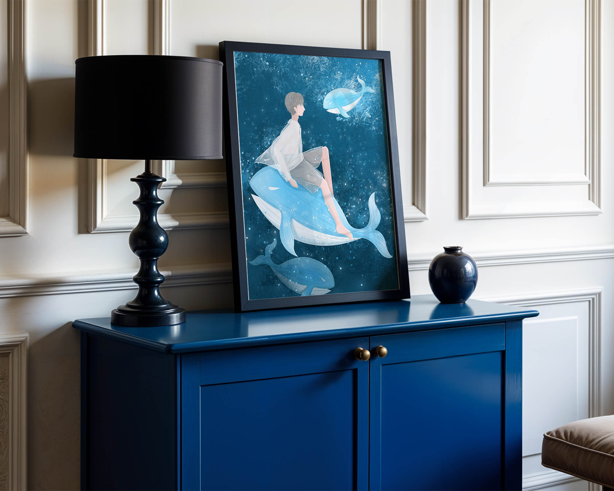 Fantasy illustration of person on blue whale in underwater scene