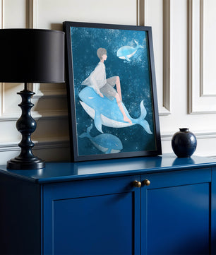 Illustration fantastique d'une personne sur une baleine bleue dans une scène sous-marine