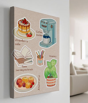 Elementos esenciales del hogar acogedor que incluyen pastel de fresa, cafetera y materiales de estudio