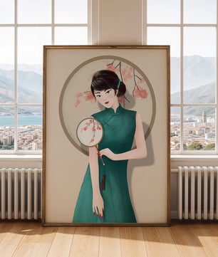 Elegante Illustration einer Frau in traditioneller Kleidung mit einem Fächer mit Kirschblüten