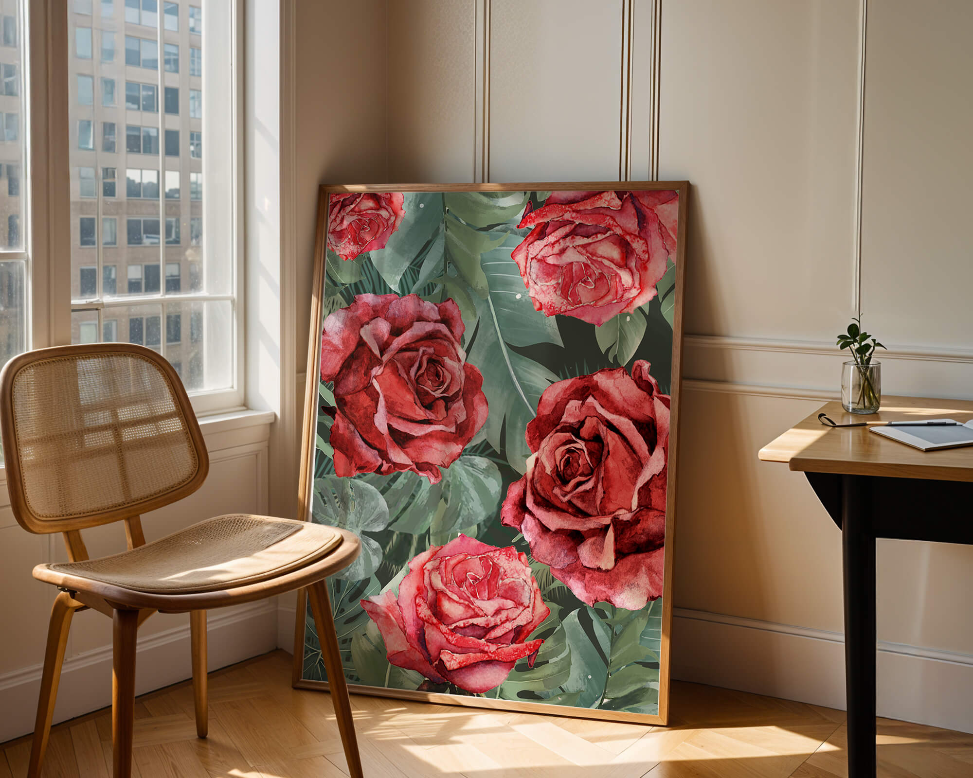 Red roses and green foliage pattern in watercolor style