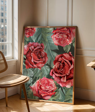 Red roses and green foliage pattern in watercolor style