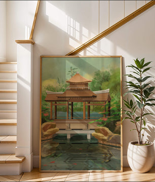 Traditional Japanese Garden Pavilion with Scenic Pond and Lush Greenery