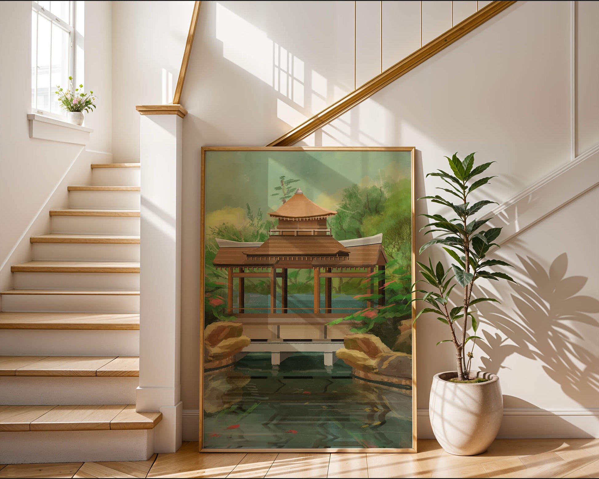 Traditional Japanese Garden Pavilion with Scenic Pond and Lush Greenery