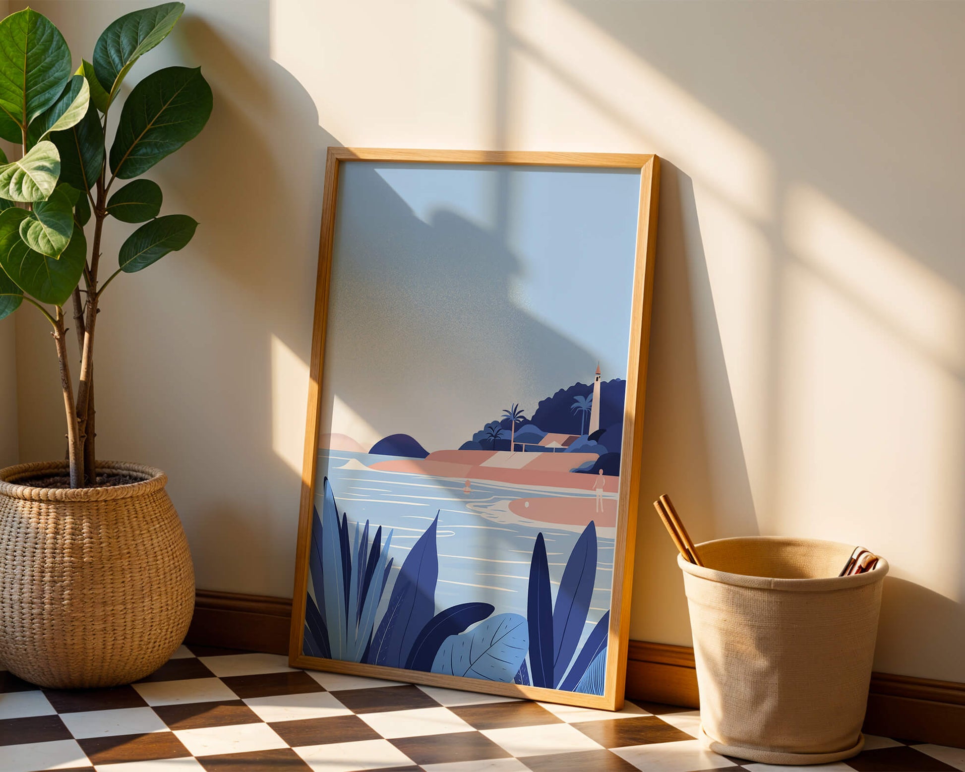 Serene seaside scene with lighthouse and tropical foliage