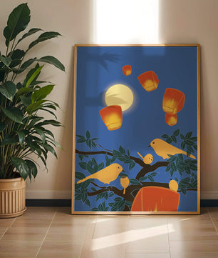 Lanterns and Birds Under the Night Sky