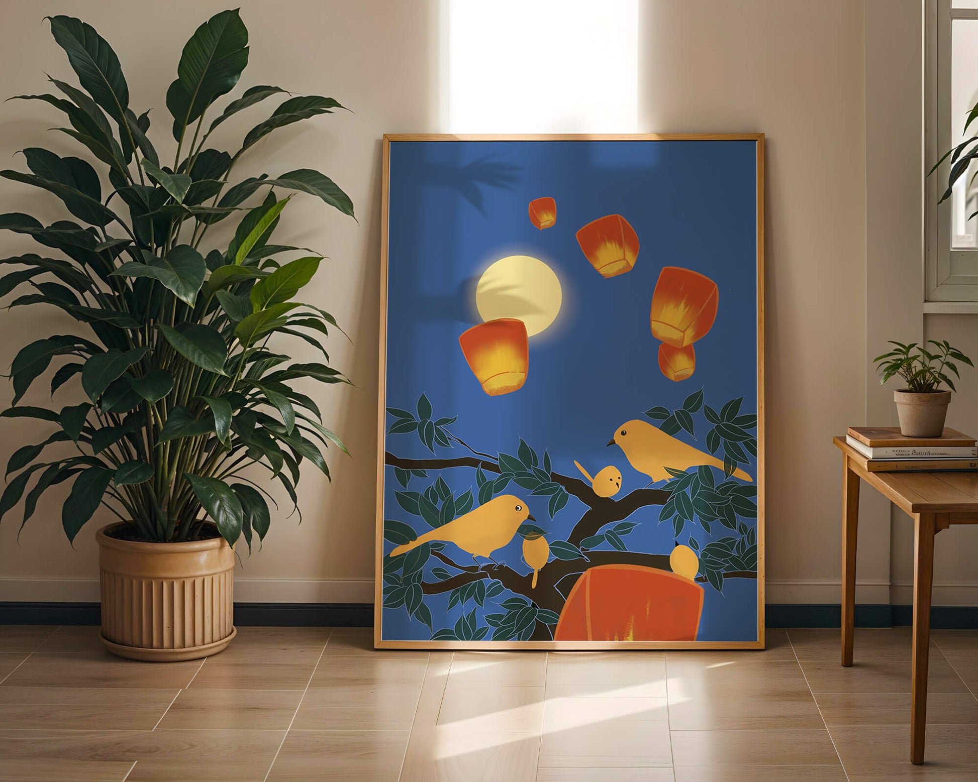 Lanterns and Birds Under the Night Sky