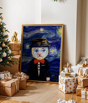 Whimsical cat character against starry night sky background