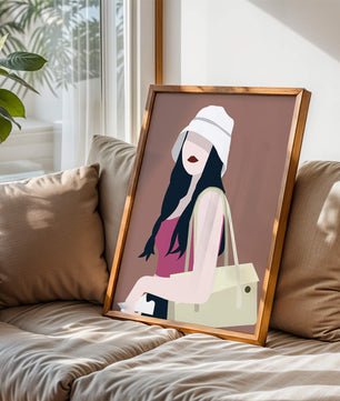 Ilustración elegante de una mujer con sombrero de cubo y ropa casual