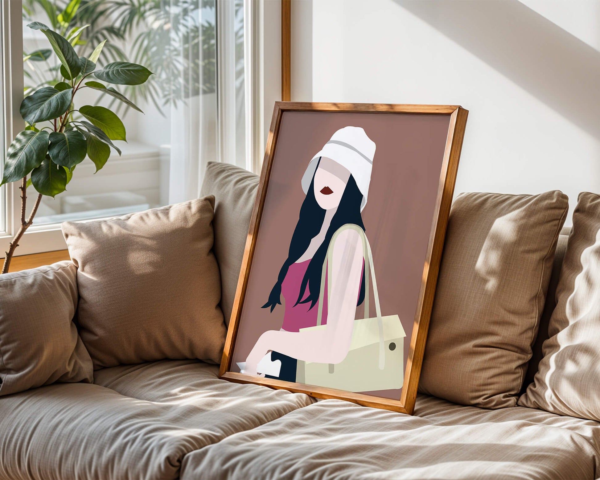 Stylish illustration of a woman in a bucket hat and casual outfit