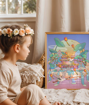 Illustration pittoresque d’un temple chinois avec des lanternes flottantes et un paysage serein