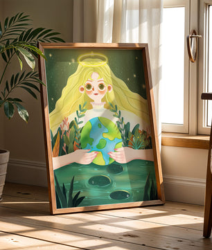 Illustration de la nature paisible avec une figure céleste tenant la Terre