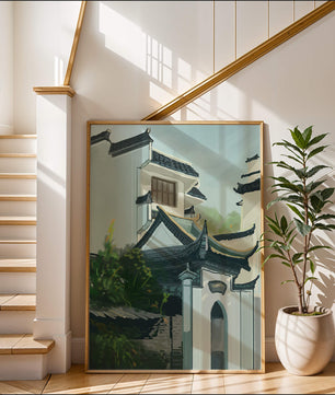 Traditional Asian architecture with lush greenery