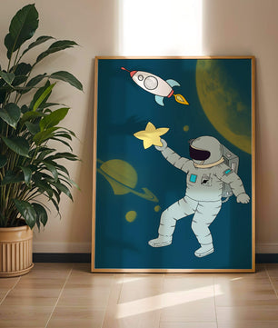 Astronaut Reaching for Star with Rocket and Planets in Space Scene - Mi tienda