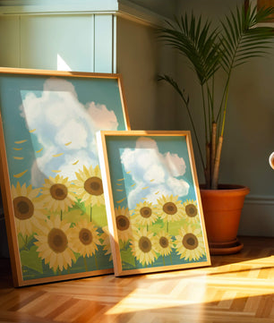 Sonnenblumen in einer hellen Wiese mit blauem Himmel und Wolken