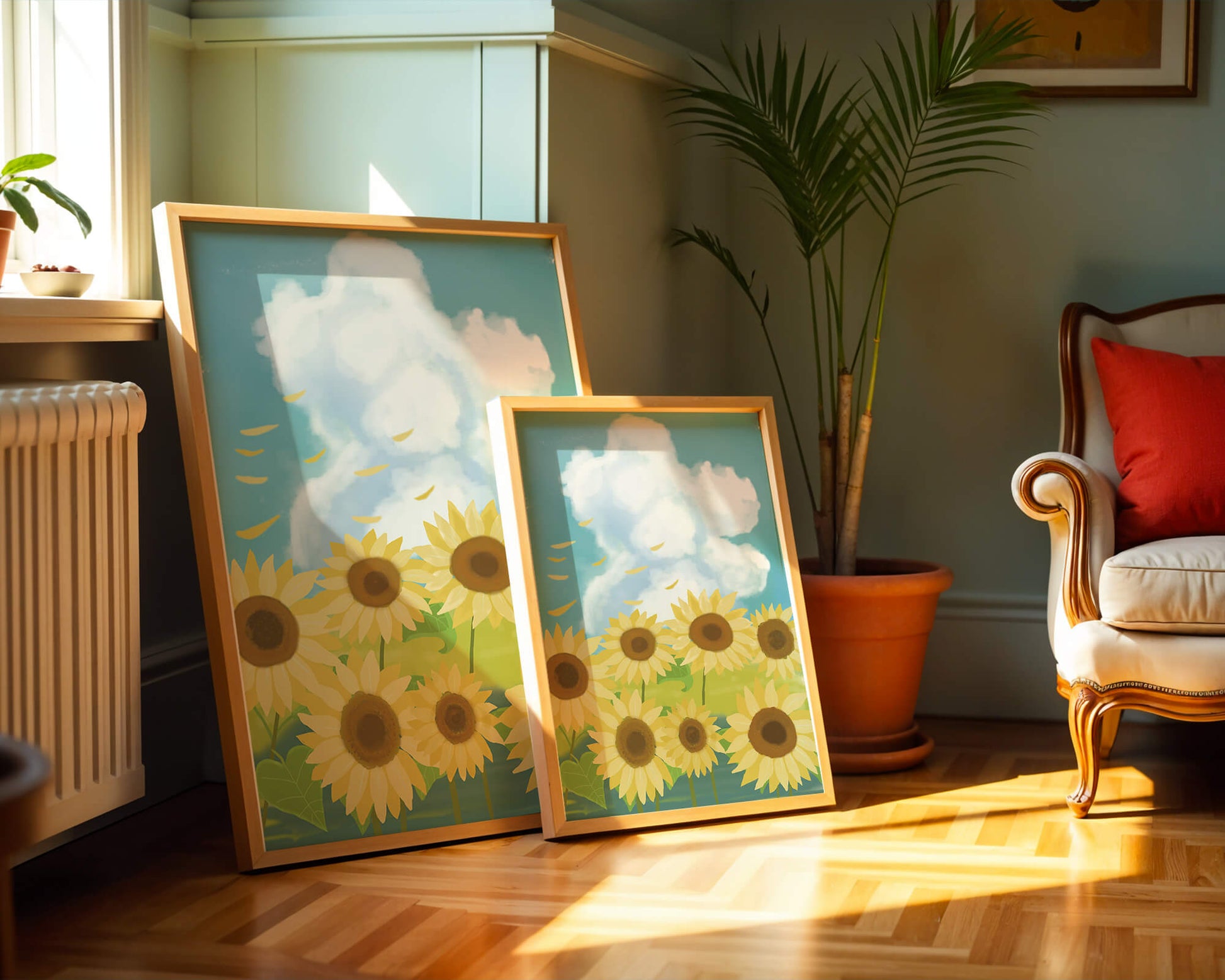 Girasoles en un prado brillante con cielo azul y nubes